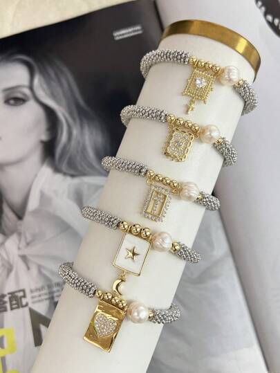 1 pieza Brazalete decorativo con colgante en forma de corazón y cruz, con cuentas perladas, cuentas de cobre y cuentas con forma de copo de nieve plateado, adecuado para uso diario de las mujeres