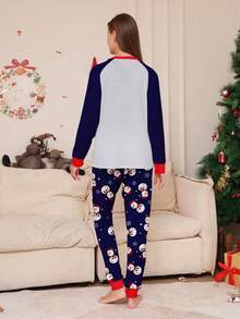 1 Set Women's Christmas Happy Colorblock Raglan Sleeve Snowman Print Long Sleeve Top And All-Over Print Pants Pajama Set, Fall Winter Clothes - Multicolor - View 2