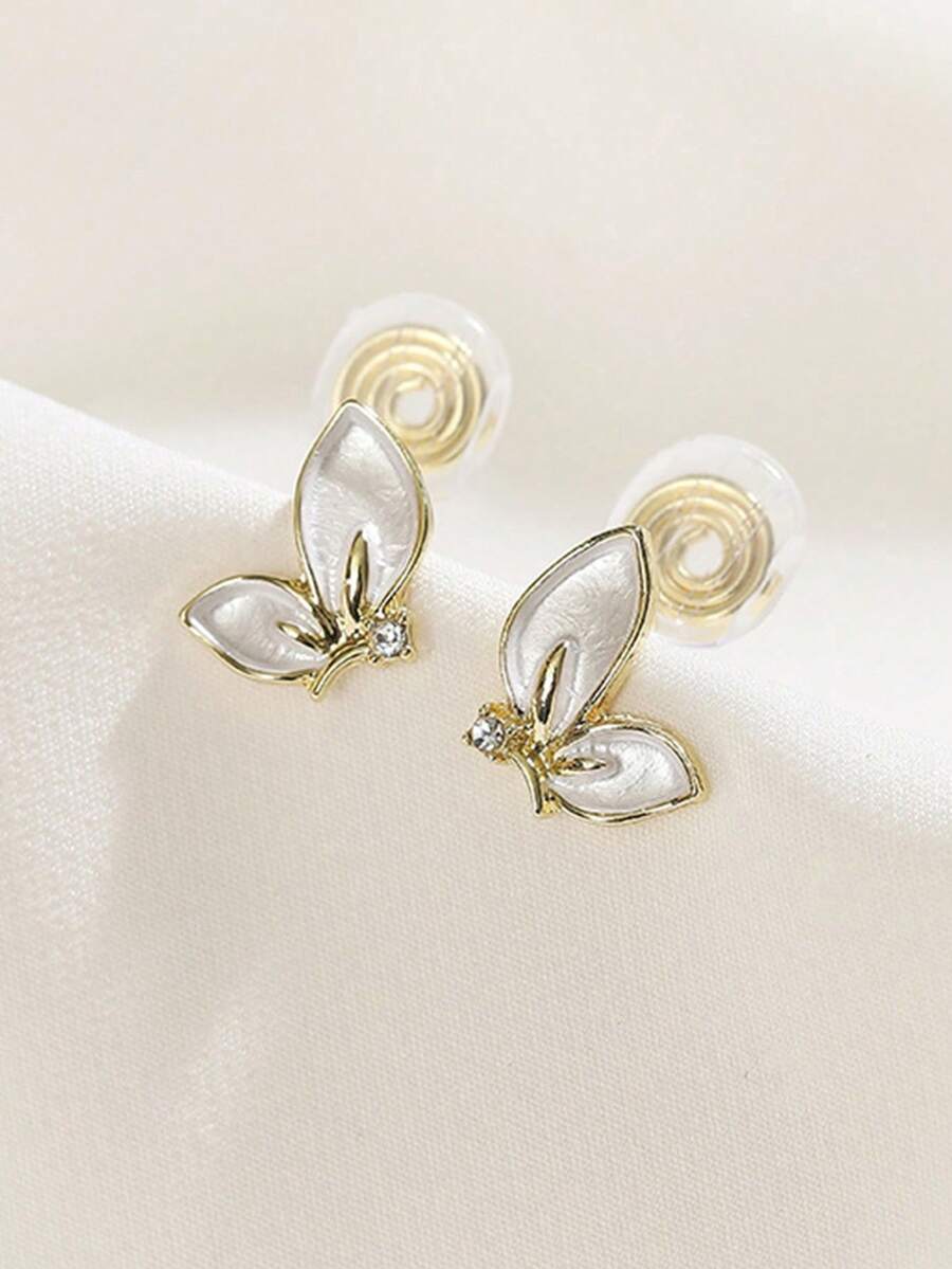 1 对白色蝴蝶可爱时尚夹式耳环，适合没有耳洞的女孩 - 白色 - 查看 1