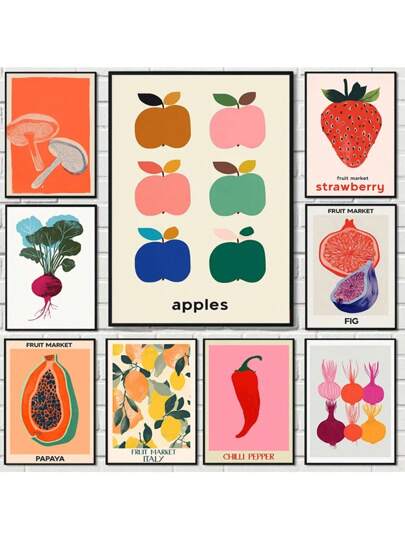 1 件水果蔬菜市场柠檬草莓木瓜食品海报帆布画墙壁艺术画厨房家居餐厅装饰无框