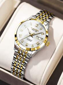 1 chiếc đồng hồ dạ quang chống nước GUANQIN có lịch đôi đính đá giả kim cương, dây đeo bằng thép không gỉ chống mài mòn, thời trang doanh nhân sang trọng, cổ điển, đơn giản, thường ngày, tự lên dây cót cho nam, đồng hồ cơ tự động thích hợp cho lễ hội, hẹn hò, kinh doanh, quà tặng - Hoa hồng vàng - Xem 1