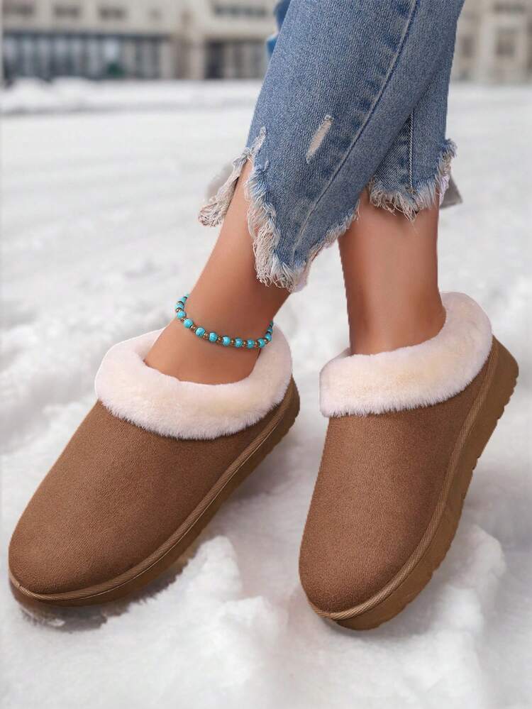 女士简约保暖内衬雪地靴，适合露营户外运动舒适时尚皮革鞋面雪地靴，羊毛踝靴，厚底短靴，室内家居拖鞋 - 棕色 - 查看 5