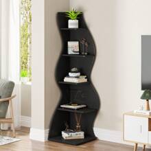 Tribesigns 5-Tier Corner Shelf, Rustic Wall Corner Bookshelf, Stylish Corner Small Bookcase Storage Rack Plant Stand With Unique Shape For Living Room, Home Office - 黑色 - 查看 5