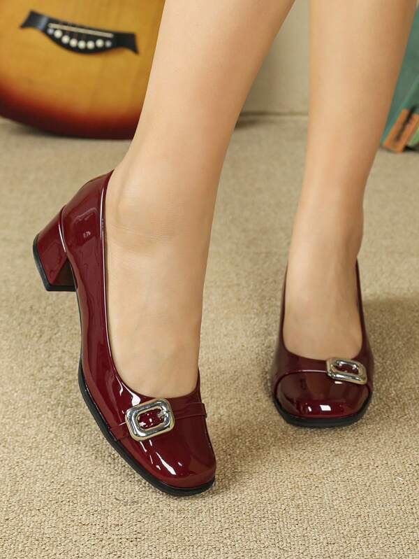 Women's Fashionable Versatile Simple High Heeled Chunky Heel One Button Slip-On Solid Color Nude Red Mary Jane Round Toe Ladies Flats