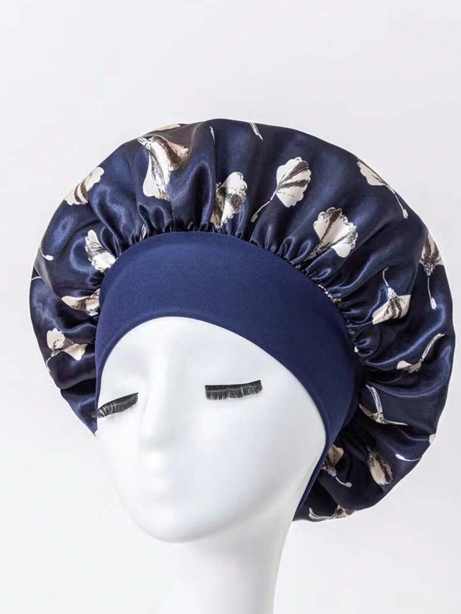 1pc Women New Elegant Wide Brim Printed Shower Cap/Sleep Hat, Suitable
