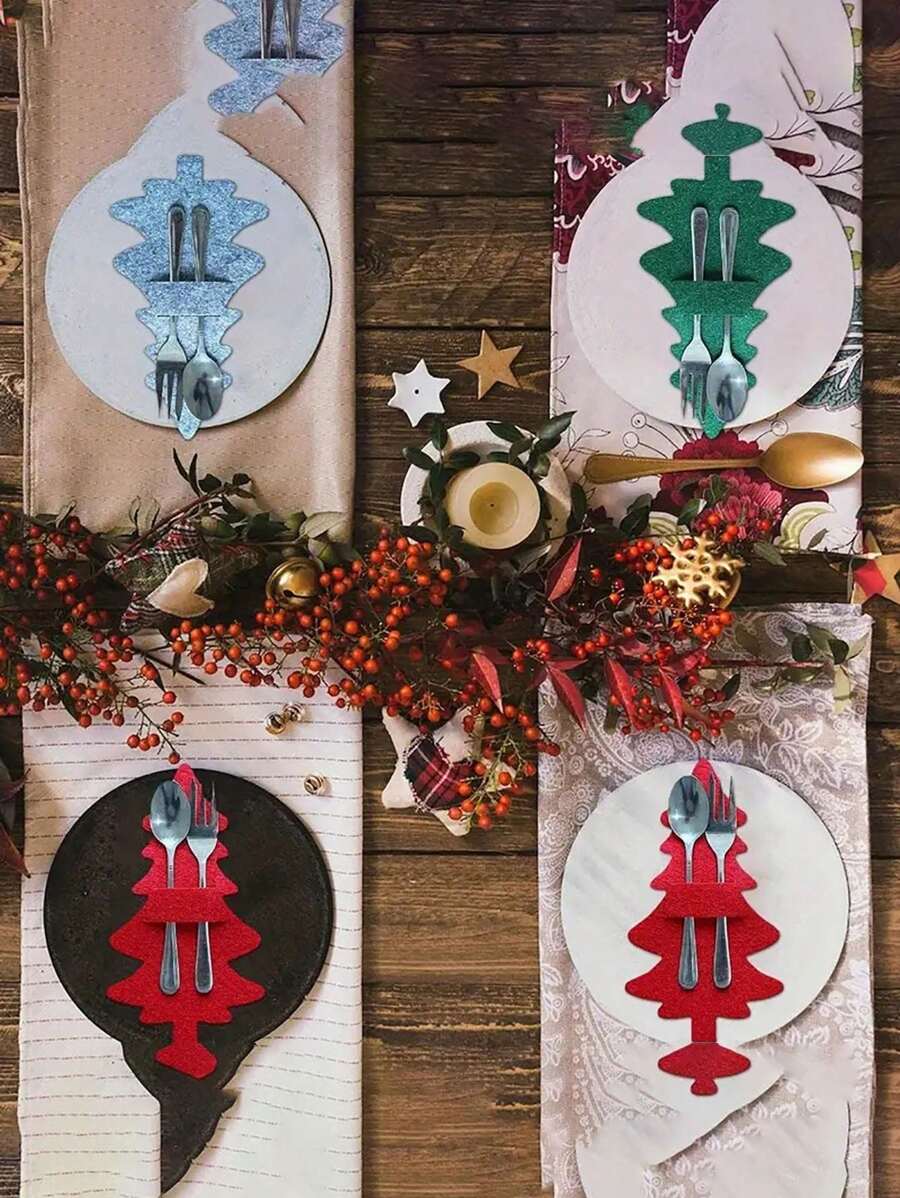 4 件装圣诞树餐具架袋、圣诞银器架口袋、勺子叉子袋收纳袋，适用于节日圣诞节派对餐桌装饰装饰品、家居装饰、圣诞礼物、家居礼物、房间装饰 - 彩色 - 查看 1