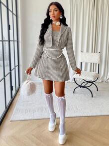 AIJ Amarilo 女士格子粗花呢 A 字形秋冬抹胸连衣裙和短款夹克套装两件套，适合约会 - 黑色 - 查看 5