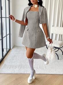 AIJ Amarilo 女士格子粗花呢 A 字形秋冬抹胸连衣裙和短款夹克套装两件套，适合约会 - 黑色 - 查看 1