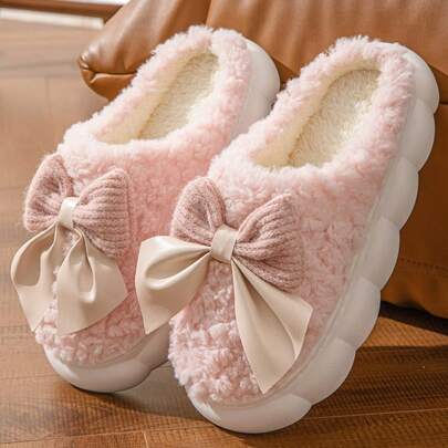 Women's Comfortable Winter Slippers With Bow - Plush Lining, Non-Slip Thick Sole Indoor Shoes, Warm & Cozy Ladies Slippers (Bow And Slipper Color May Vary By Batch)