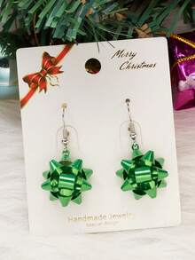 2入組時尚彩色緞帶星星和星球設計女士耳環,聖誕配件 - 綠色 - 查看 3