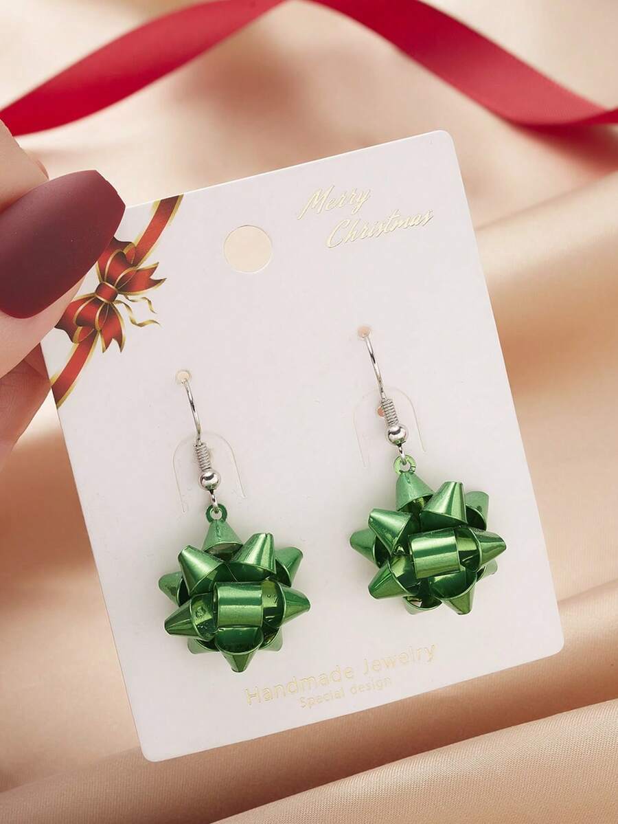 2入組時尚彩色緞帶星星和星球設計女士耳環,聖誕配件 - 綠色 - 查看 1