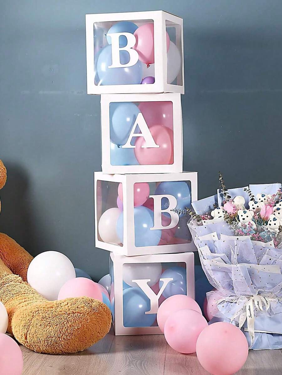 Baby Boxes With Letters For Baby Shower, Baby Shower Decorations For Boys Or Girls, Transparent Balloon Boxes Clear Blocks For Birthday Party, Bridal Shower, Gender Reveal(White) - White - View 1