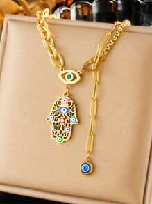 Conjunto de joyas de acero inoxidable para mujeres de 4 piezas con colgante bohemio en forma de palma con ojo y gota de aceite, que incluye collar, brazalete y aretes, adecuado para uso diario - conjunto de palma - Ver 10