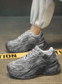 Men Casual Outdoor Sports Sneakers, New Personalized Versatile Tire Bottom Niche Chunky Shoes, Thick Sole Anti-Slip Breathable Casual Lace-Up Shoes For Campus, Travel, Walking, Dirty Retro Style Mesh Durable Vintage Bread Shoes, Random Distressed Color - Grey - View 6