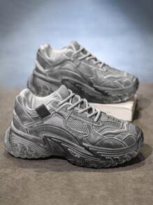 Men Casual Outdoor Sports Sneakers, New Personalized Versatile Tire Bottom Niche Chunky Shoes, Thick Sole Anti-Slip Breathable Casual Lace-Up Shoes For Campus, Travel, Walking, Dirty Retro Style Mesh Durable Vintage Bread Shoes, Random Distressed Color - Grey - View 3