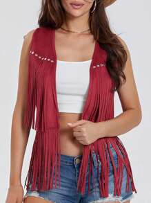 Women's Boho Hippie Chic Waistcoat Vest Ultra Lightweight Solid Hue Open Front Sleeveless Jacket Adorned With Tassels  Streetwear Layering