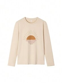 Áo thun dài tay cổ tròn in họa tiết hoàng hôn đơn giản, giản dị, thu đông 2025 dành cho nữ. Mặc áo thun dài tay dành cho nữ và tận hưởng vẻ ngoài thoải mái, sành điệu. Những chiếc áo này bền, thoải mái khi mặc và hoàn hảo để mặc hàng ngày, đi chơi cuối tuần hoặc tụ tập thường ngày. - Màu be - Xem 4
