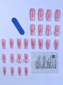 96 件/4 套按压式指甲长杏仁丙烯酸指甲白色法式蝴蝶结形珍珠设计假指甲，粉色蝴蝶结樱花盖假指甲包含 4 件果冻胶和 4 件指甲锉，适用于女士和女孩的美甲装饰