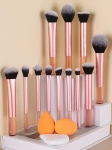 15pcs Makeup Brush Set, Including Powder Brush, Blush Brush, Highlighter Brush, Eyeshadow Brush, Eyelash Brush, Eyeliner Brush, Angled Foundation Brush, Round Foundation Brush, Round Powder Puff, Triangle Powder Puff, Triangle Makeup Sponge For Loose Powder, Makeup Sponge For Liquid Foundation Mixing, Beauty Makeup Tools