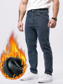 秋冬季男士抓绒保暖修身直筒牛仔裤 - 藍色 - 查看 1