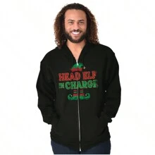 Christmas Graphic Zipper Hoodie Xmas Festive Winter Holiday Season Santa's Helper Head Elf In Charge Casual Everyday Cotton Printed Thermal Lined Zip Up Drawstring Hooded Sweatshirt Brisco Brands
