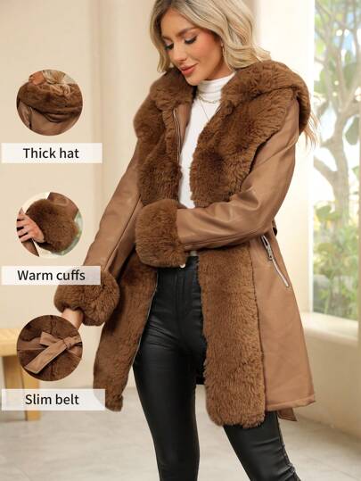 Giolshon 女士 PU 人造毛皮外套，配腰带——秋冬季的理想之选，时尚的腰带设计，适合休闲或通勤穿着。