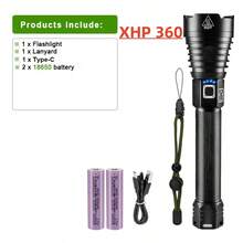 Đèn pin LED XHP360 công suất cao mới với ánh sáng mạnh sử dụng pin 18650/26650 có thể sạc lại, đèn pin chiến thuật có thể thu phóng dạng ống lồng mạnh mẽ, đèn lồng LED săn bắn ngoài trời, đèn cắm trại, đèn chiếu sáng đi bộ đường dài - màu đen - Xem 14