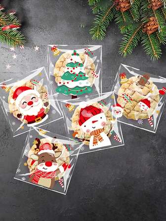 100 st. julkakor godispåse självhäftande platt öppning kakpåse lämplig för förvaring av snacks, kakor och godis vid jul- och nyårsfester julklappar god jul julafton julfest jul juldekorationer julpyjamas julklappar juldekor