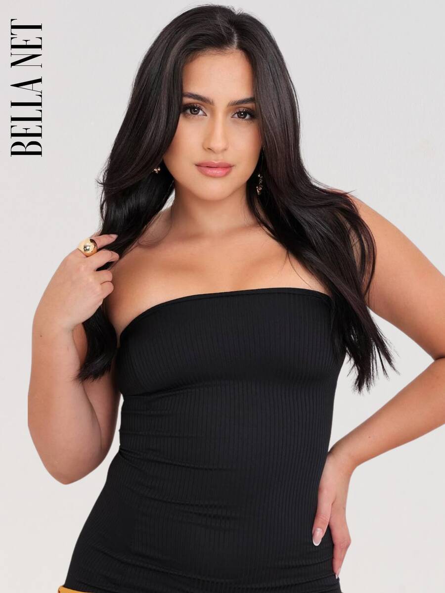 Black Ribbed Strapless Blouse - màu đen - Xem 1