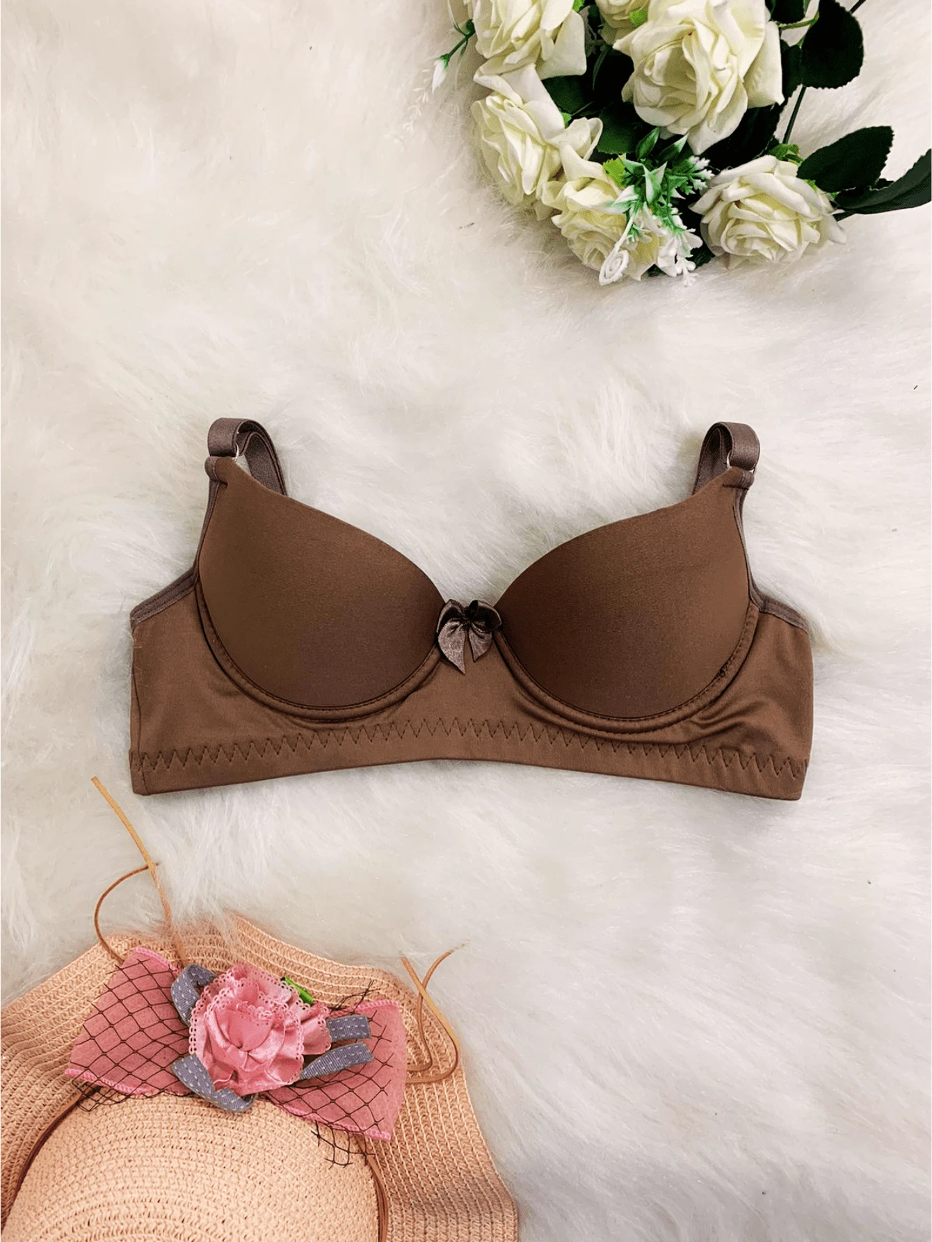Kit 3 Women's Basic Bra Comfortable Plain With Padded Adjustable Straps Everyday Wear - Chocolate Brown - View 1