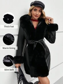 Giacca in ecopelle e pelliccia sintetica da donna con cintura di Giolshon - una scelta ideale per l'autunno/inverno, design alla moda con laccio in vita, adatta per uso casual o per andare al lavoro, elegante in colore nero - nero - Visualizzare 2