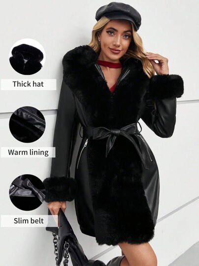 Giolshon Women's PU Faux Fur Jacket With Belt - An Ideal Choice For Autumn/Winter, Fashionable Waist Tie Design, Suitable For Casual Or Commuting Wear Black Elegant