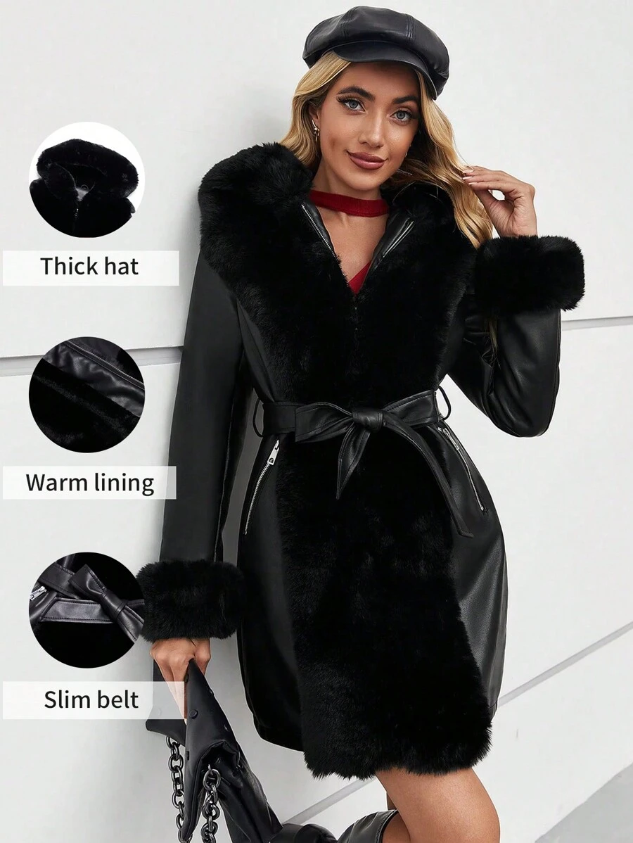 Giacca in ecopelle e pelliccia sintetica da donna con cintura di Giolshon - una scelta ideale per l'autunno/inverno, design alla moda con laccio in vita, adatta per uso casual o per andare al lavoro, elegante in colore nero
