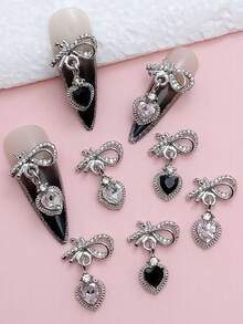 10 phụ kiện trang trí móng tay bằng kim loại hình trái tim và nơ, màu bạc, đính đá giả, kích thước nhỏ cho móng tay - Bạc - Xem 1