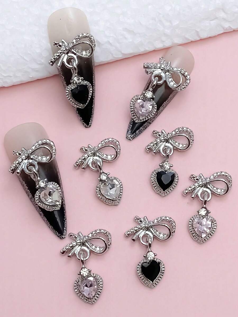 10 phụ kiện trang trí móng tay bằng kim loại hình trái tim và nơ, màu bạc, đính đá giả, kích thước nhỏ cho móng tay - Bạc - Xem 1