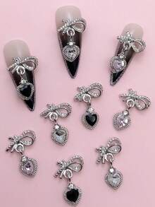 10 phụ kiện trang trí móng tay bằng kim loại hình trái tim và nơ, màu bạc, đính đá giả, kích thước nhỏ cho móng tay - Bạc - Xem 3