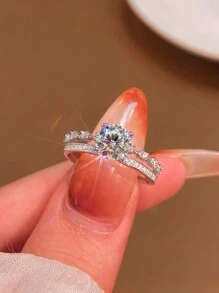 ESBERRY 1個6.5mm 鋯石四爪鑲嵌精美可調戒指,銀色白色精品珠寶婚禮禮物訂婚新娘珠寶 - 銀色 - 查看 3