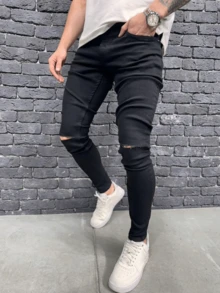 Men's Washed Black Denim Skinny Jeans, Stretchy & Fashionable - Black - View 3