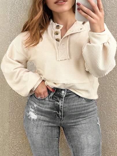 Astylish Bluza damska z krótkim rękawem i guzikami Henley z skręconymi nitkami i rękawami w kształcie latarni