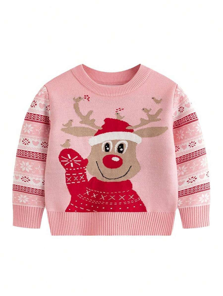 Young Girl Christmas Pink Round Neck Reindeer Striped Children Knitted Sweater Long Sleeve, New Year Pullover For Autumn/Winter