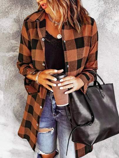 女士格子印花长袖衬衫，纽扣开襟，休闲春季长袖上衣