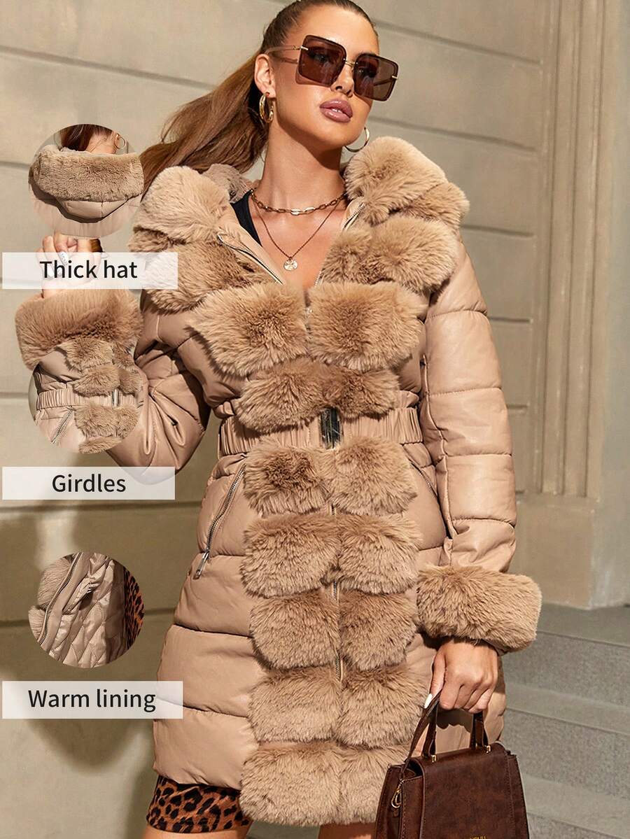 Áo khoác dài dày có mũ, viền lông giả thời trang nữ Giolshon - Áo khoác mùa đông ôm dáng sang trọng