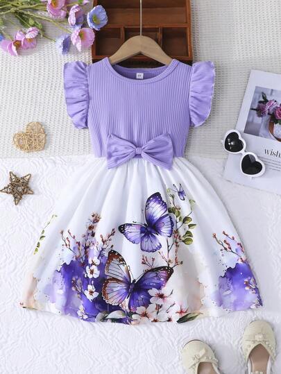 Đầm dự tiệc tay bồng thắt nơ in hoa kiểu dáng ngọt ngào cho bé gái, đầm dự tiệc cho bé gái.