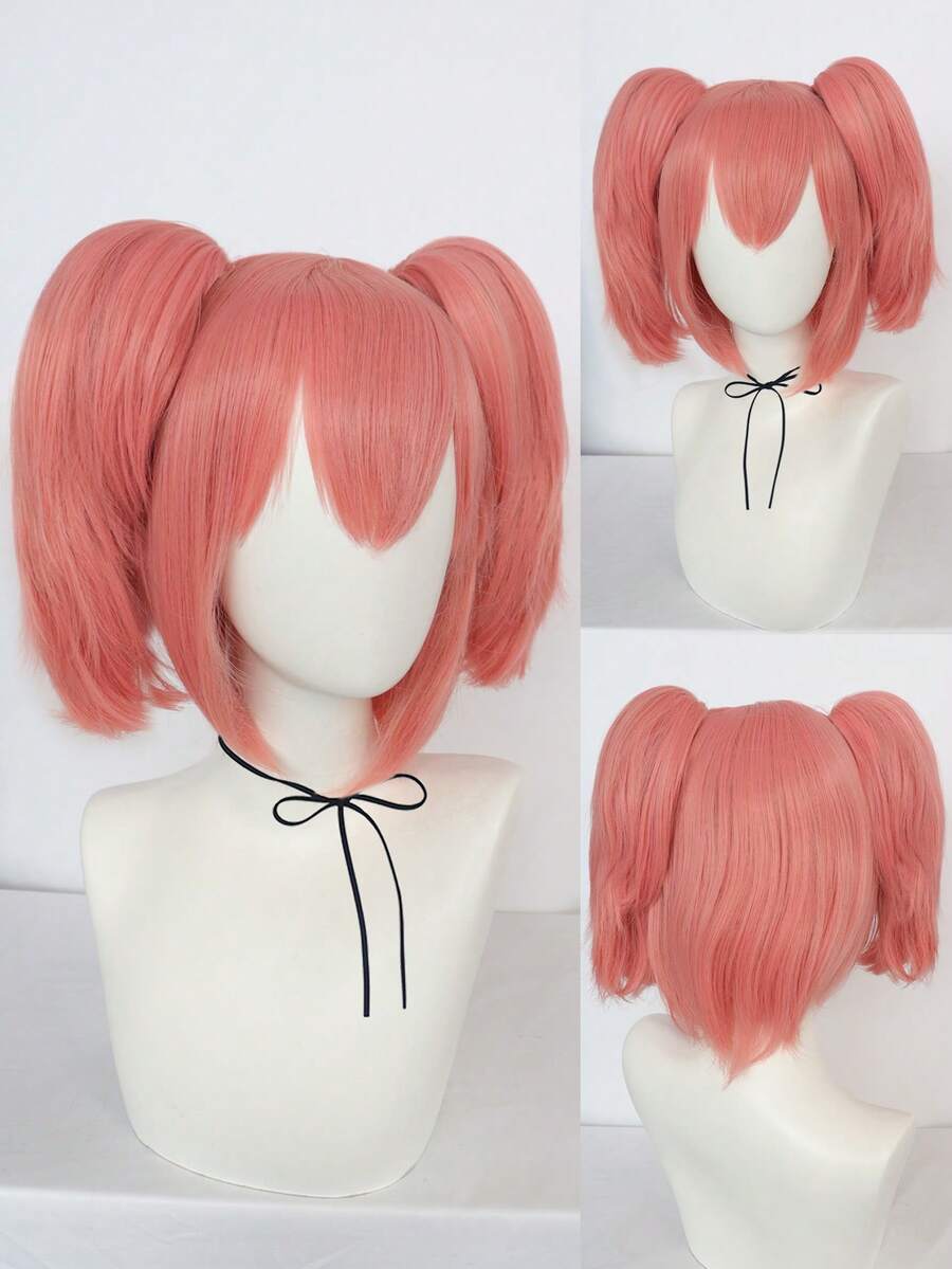 万圣节女士短款粉色双马尾假发，成人耐热合成假发，带刘海，双可拆卸马尾，适合日常派对学校使用，哥特式洛丽塔假发，甜美可爱的公主动漫角色扮演假发，带刘海，经典时尚短款鲍勃假发，带双下巴爪形马尾，适合派对服装假发，女士节日感恩节生日礼物，适合新年 - 粉色 - 查看 1