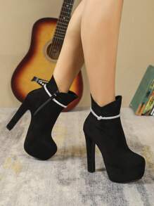 Black Suede Thick Heel Elastic Boots With Side Zipper & Platform, Skinny Ankle Boots - Black - View 3