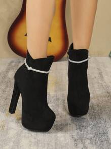 Black Suede Thick Heel Elastic Boots With Side Zipper & Platform, Skinny Ankle Boots - Black - View 5
