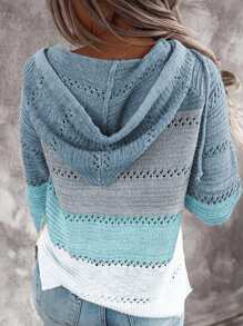 Women Color Block Hooded Crochet Striped Sweaters Lightweight Drawstring Hoodies Pullover Sweatshirts