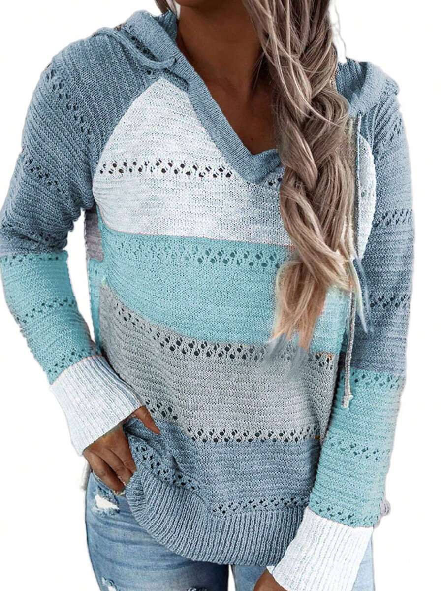 Women Color Block Hooded Crochet Striped Sweaters Lightweight Drawstring Hoodies Pullover Sweatshirts