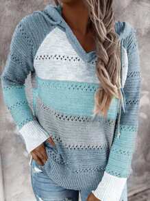 Women Color Block Hooded Crochet Striped Sweaters Lightweight Drawstring Hoodies Pullover Sweatshirts