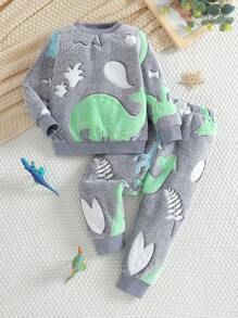 年轻男孩毛绒恐龙图案长袖休闲舒适套头睡衣套装（紫色灯光下发光）